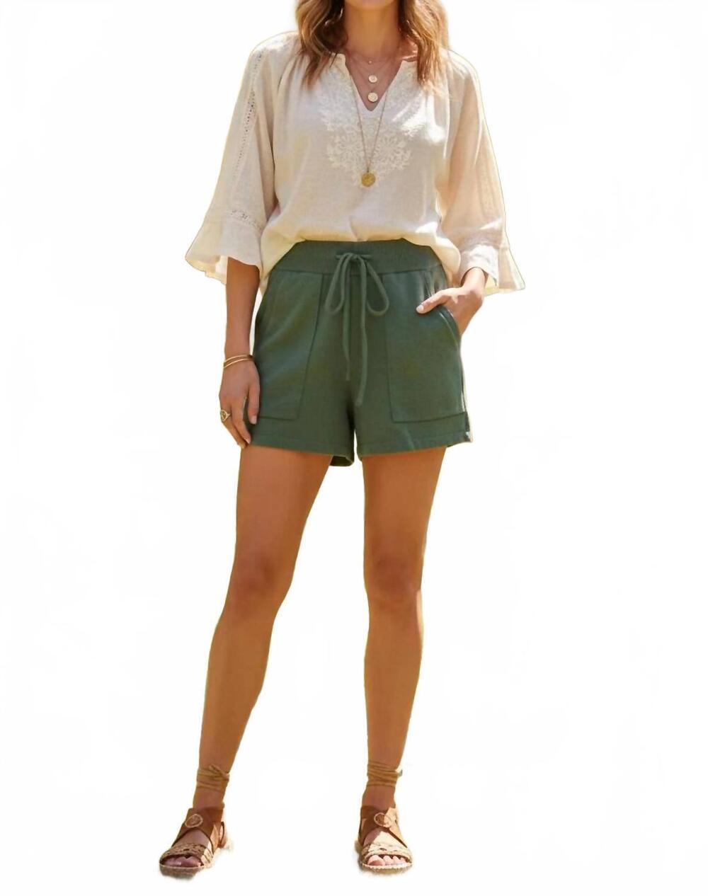 NEW SHE + SKY women's drawstring waist sweater shorts in olive